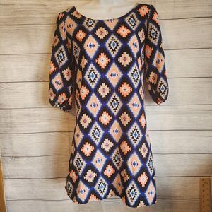 Rue21 Women’s Dress Small Boho Aztec Geometric Print 3/4 Sleeve Shift Dress